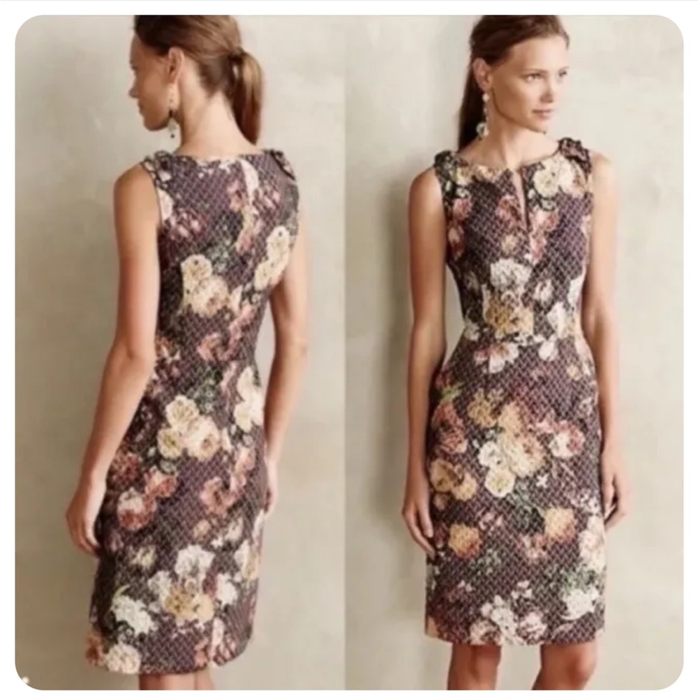 NWT Anthropologie Tabitha Tema Shift Dress Pixilated Roses Floral 4 Bow Shoulder